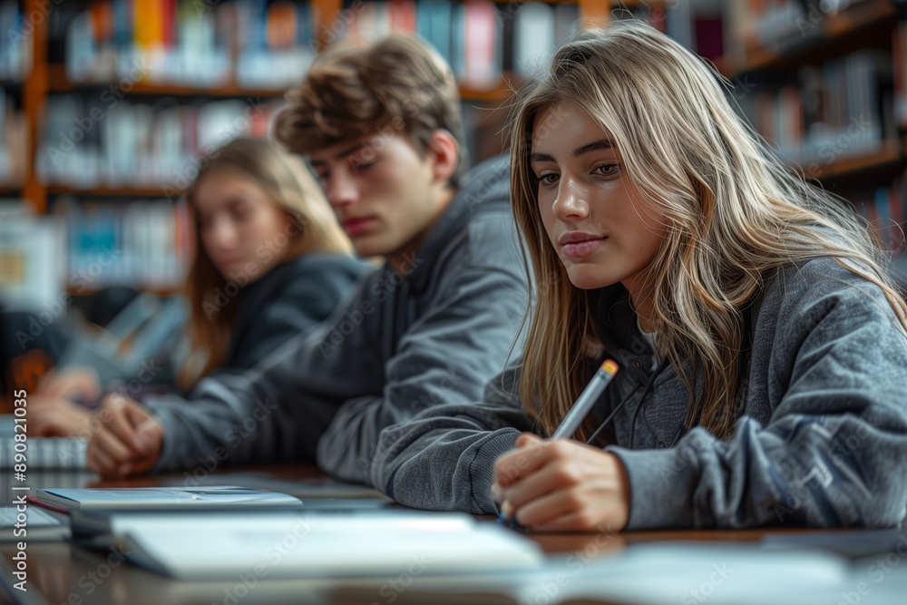 Young Woman Studying in a Library With Friends Young Woman Studying in a Library With Friends