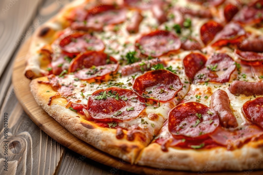 A close-up shot of a delicious-looking pizza on a wooden board, perfect for foodie or culinary-themed projects A close-up shot of a delicious-looking pizza on a wooden board, perfect for foodie or culinary-themed projects