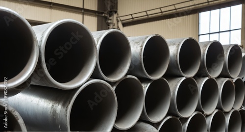 Steel pipe or aluminum and chrome stainless pipes in stack in warehouse