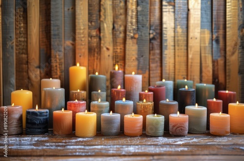 Colorful Candles Burning Brightly on Wooden Shelf