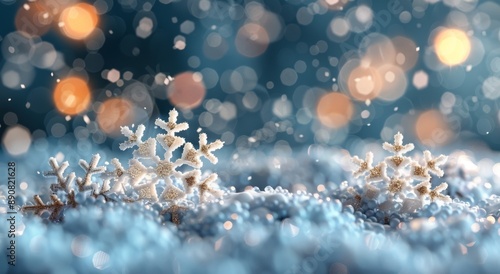 Closeup of Sparkling Snowflakes in Winter With Bokeh Lights