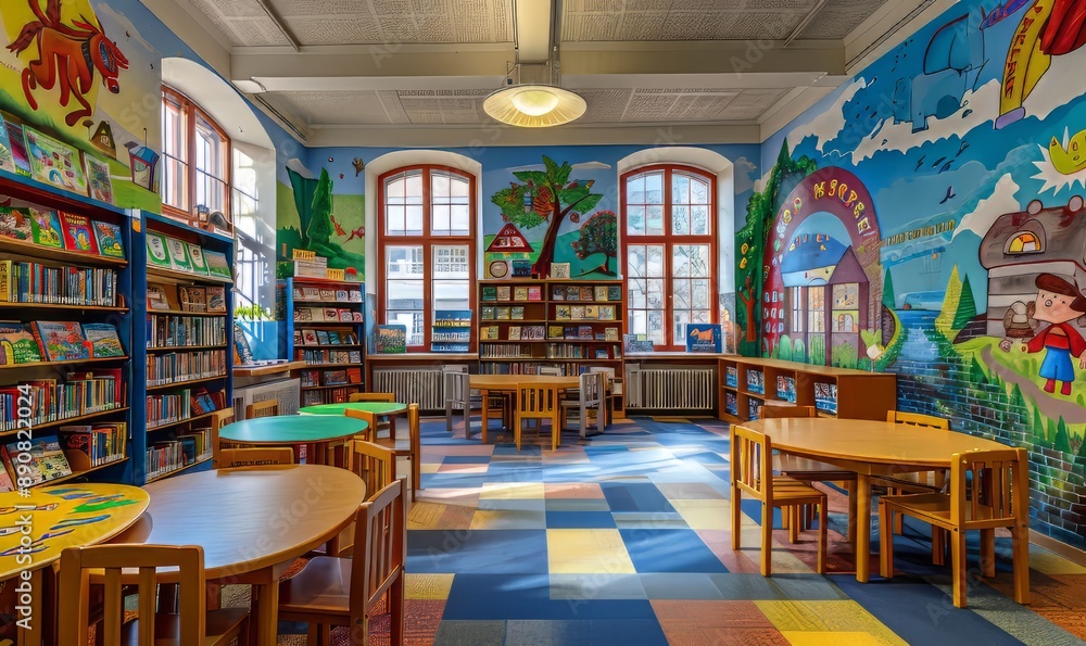 Public library with children's reading area decorated with colorful murals and storybooks Public library with children's reading area decorated with colorful murals and storybooks