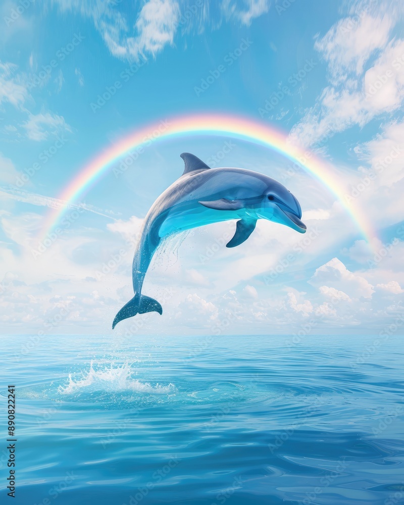 Fototapeta premium Playful Dolphin Jumping in Front of Vibrant Rainbow Over Ocean