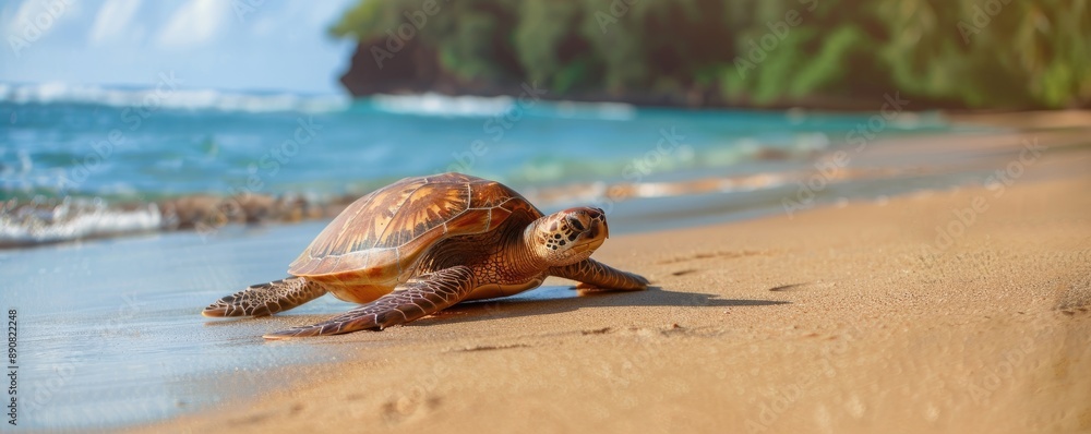 Tranquil Sea Turtle on Beach, Serene Journey of Animals and Nature. Tranquil Sea Turtle on Beach, Serene Journey of Animals and Nature.