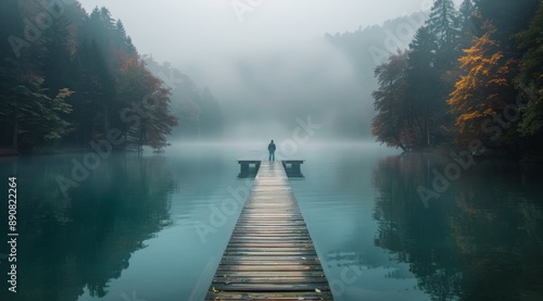 A Solitary Figure Walks a Wooden Dock on a Foggy Morning