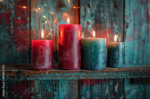 Four Burning Candles on a Rustic Wooden Shelf With Red Berries