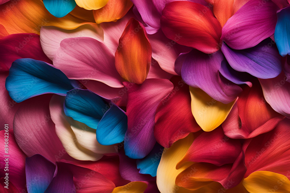 Vibrant Multicolored Petals Close-Up, Macro shot of vibrant and colorful flower petals overlapping in shades of red, pink, orange, yellow, and blue Vibrant Multicolored Petals Close-Up, Macro shot of vibrant and colorful flower petals overlapping in shades of red, pink, orange, yellow, and blue