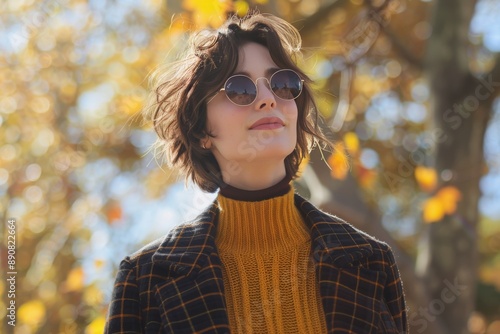 Smiling Woman In Sunglasses And Beanie In Autumn Park