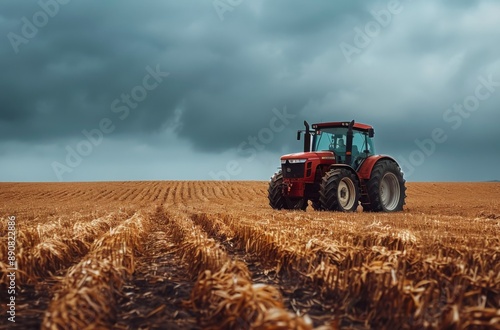 Red Tractor in a Field After Harvest