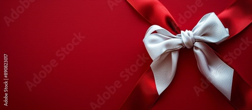 White Satin Bow on Red Background With Silver Ribbon