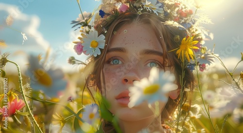 Young Woman With Flower Crown in a Field of Daisies on a Sunny Day