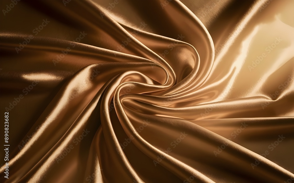Fototapeta premium Luxurious golden silk fabric with flowing folds and ripples background.