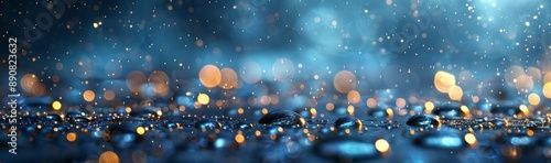 Blue Rain Falling on Glittering Surface With Bokeh Lights