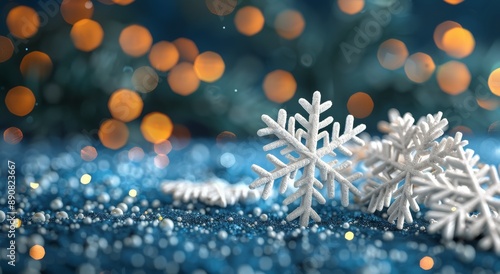 Closeup of Sparkling Snowflakes in Winter With Bokeh Lights
