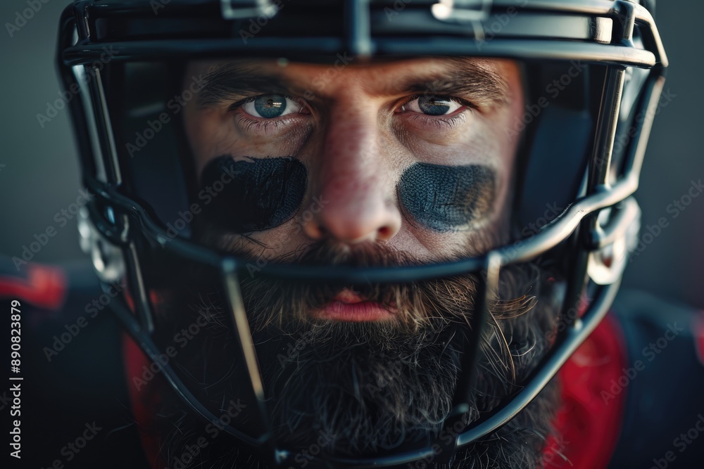 Football Player Face. Close-Up Portrait of American Football Athlete in Helmet Football Player Face. Close-Up Portrait of American Football Athlete in Helmet
