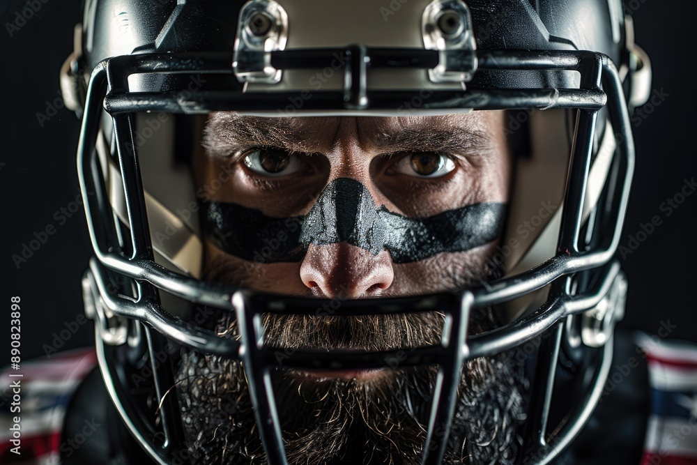 Football Player Face. Close-up Portrait of American Player in Black Helmet Football Player Face. Close-up Portrait of American Player in Black Helmet
