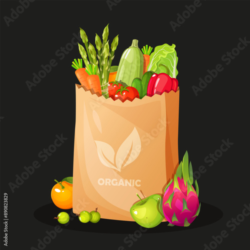 Eco bag with fruits and vegetables includes asparagus, carrots, apple, gradong fruits, lettuce, etc.
