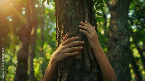 Nature lover hugging a tree trunk photo