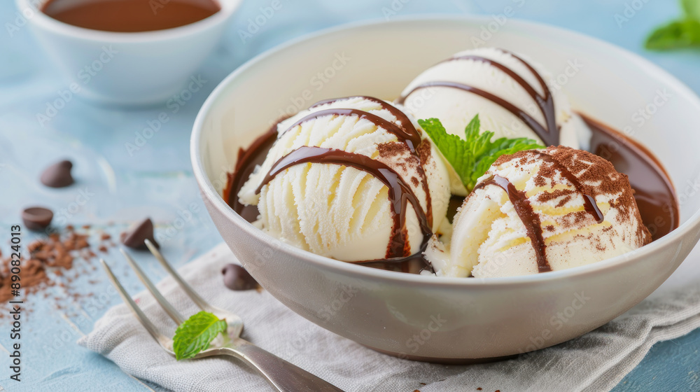 vanilla ice cream balls with chocolate sauce