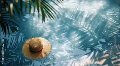 Straw Hat Floating in a Pool of Blue Water With Palm Tree Shadows