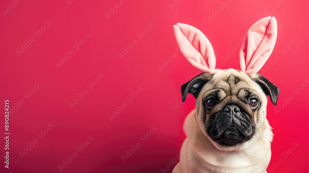 Halloween Costume Party Invitation. Beige Pug Dog in Rabbit Bunny Ears on Red Background Halloween Costume Party Invitation. Beige Pug Dog in Rabbit Bunny Ears on Red Background