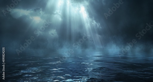 Nighttime View of a Starry Sky Above a Calm Sea With a Beam of Light