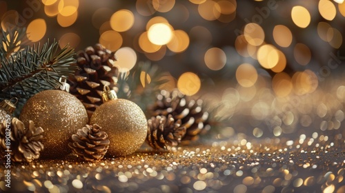 Golden Christmas Ornaments and Pine Cones With Bokeh Lights