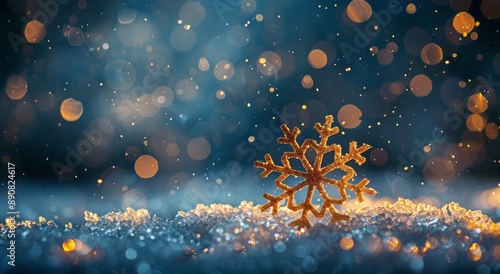 Golden Snowflake Ornament in Winter Snow With Blurry Lights