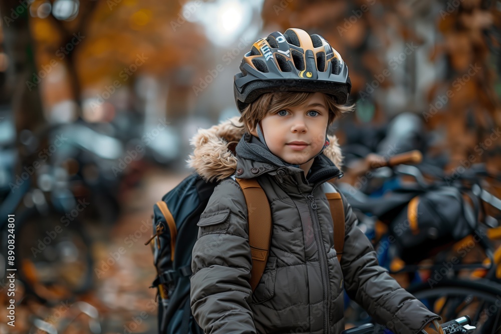 Young Boy Wearing a Helmet and Backpack Stands Near Bicycles in Fall Young Boy Wearing a Helmet and Backpack Stands Near Bicycles in Fall