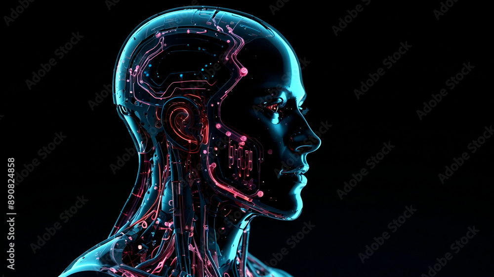 Right profile of a futuristic Robot, equipped with Artificial Intelligence