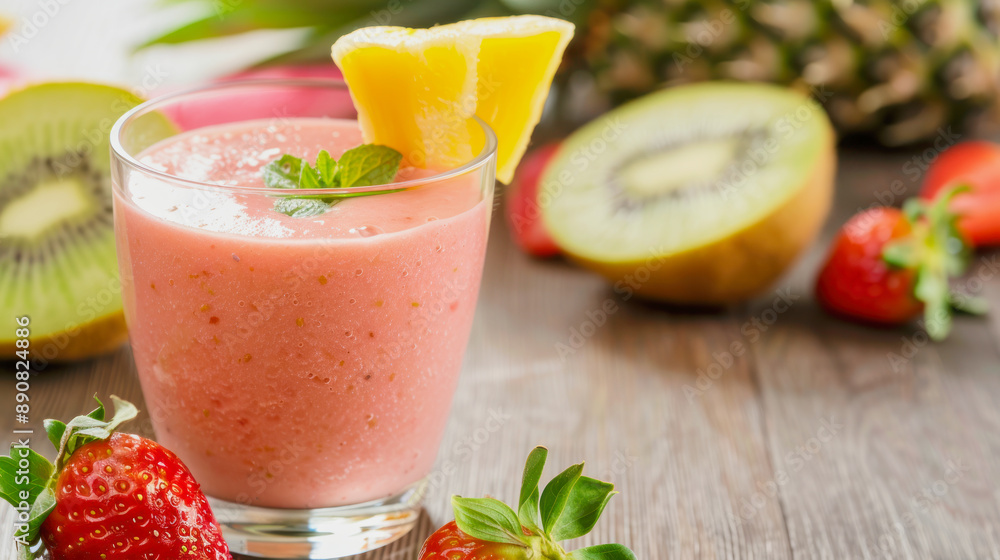 fresh fruit smoothie with strawberries and kiwi in a glass fresh fruit smoothie with strawberries and kiwi in a glass