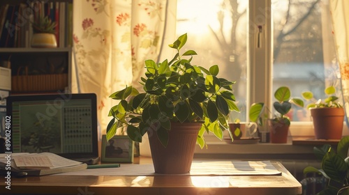 A sunlit room with a potted plant on a desk, natural light streaming in, ideal for a calming home or office ambiance.