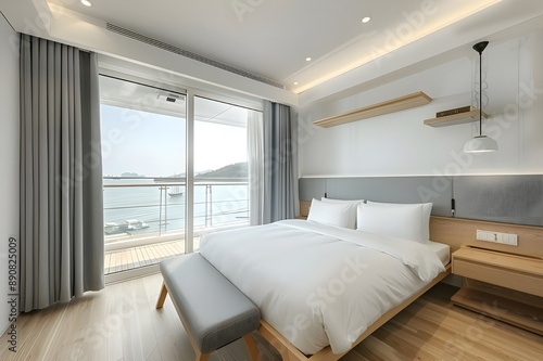  A modern bedroom with white walls, wooden floors and large windows overlooking the ocean in Seoul, South Korea.