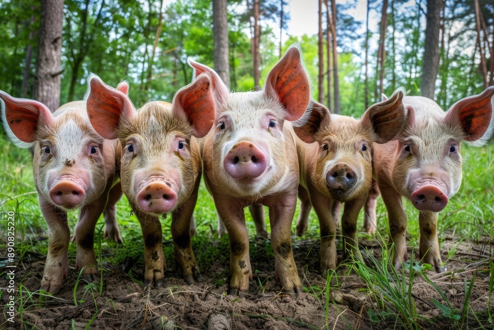 Pasture Pigs. Kind and Friendly Family of Pigs Searching for Food, Beautifully Scenic Close-up Pasture Pigs. Kind and Friendly Family of Pigs Searching for Food, Beautifully Scenic Close-up