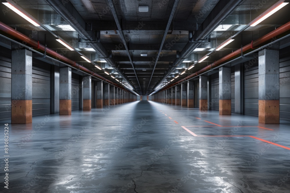 Parking Garage Interior. Empty Warehouse Hangar with Spacious Corridors and Industrial Architecture Parking Garage Interior. Empty Warehouse Hangar with Spacious Corridors and Industrial Architecture