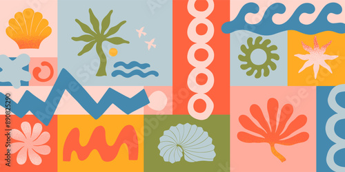 Vector summer illustration with nature organic shapes,doodles.Groovy boho palm,beach,surf,waves,sun,seashells graphic symbols and elements.Summer vacation background in simple funny style.