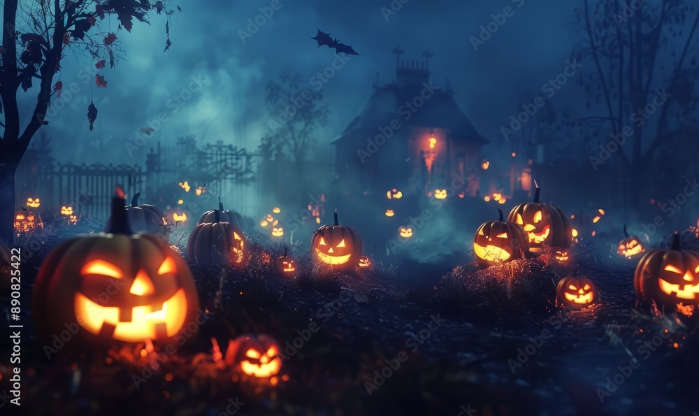 Spooky Halloween night with eerie fog and glowing jack-o'-lanterns, 31st October Spooky Halloween night with eerie fog and glowing jack-o'-lanterns, 31st October