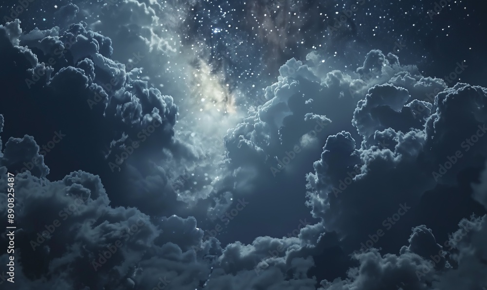 Starry night sky peeks through gaps in the clouds, creating a breathtaking celestial abstraction Starry night sky peeks through gaps in the clouds, creating a breathtaking celestial abstraction