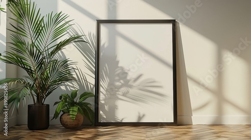 An empty picture frame leans against a softly lit wall next to lush green plants, creating a warm interior scene. photo