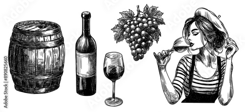 wine illustrations set isolated hand drawn sketch line art element with woman holding glass bottle wooden barrel grapes bunch for winemaking leisure design