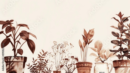 The image showcases an array of diverse potted plants arranged artistically, captured in a serene sepia tone. photo