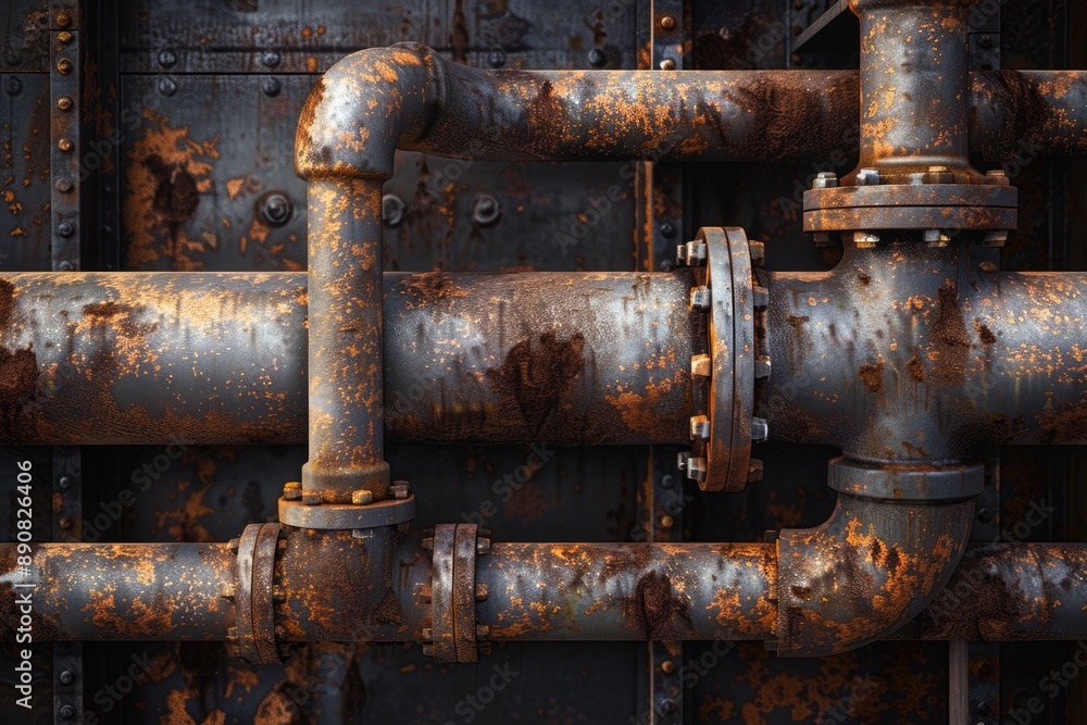 Outdated Technology. Rust-eaten Metal Pipes on Gloomy Black Background for Horror Themes Outdated Technology. Rust-eaten Metal Pipes on Gloomy Black Background for Horror Themes