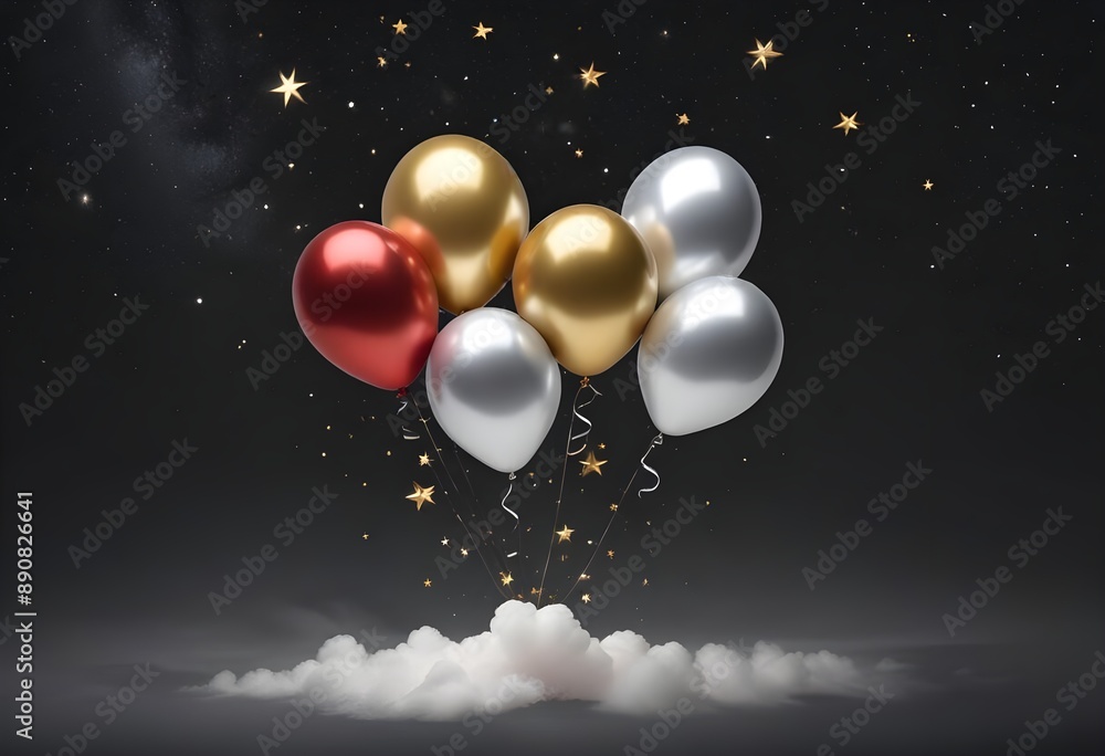 Fototapeta premium metallic balloons in gold, silver, and red, floating for celebration , birthdays and other mockup