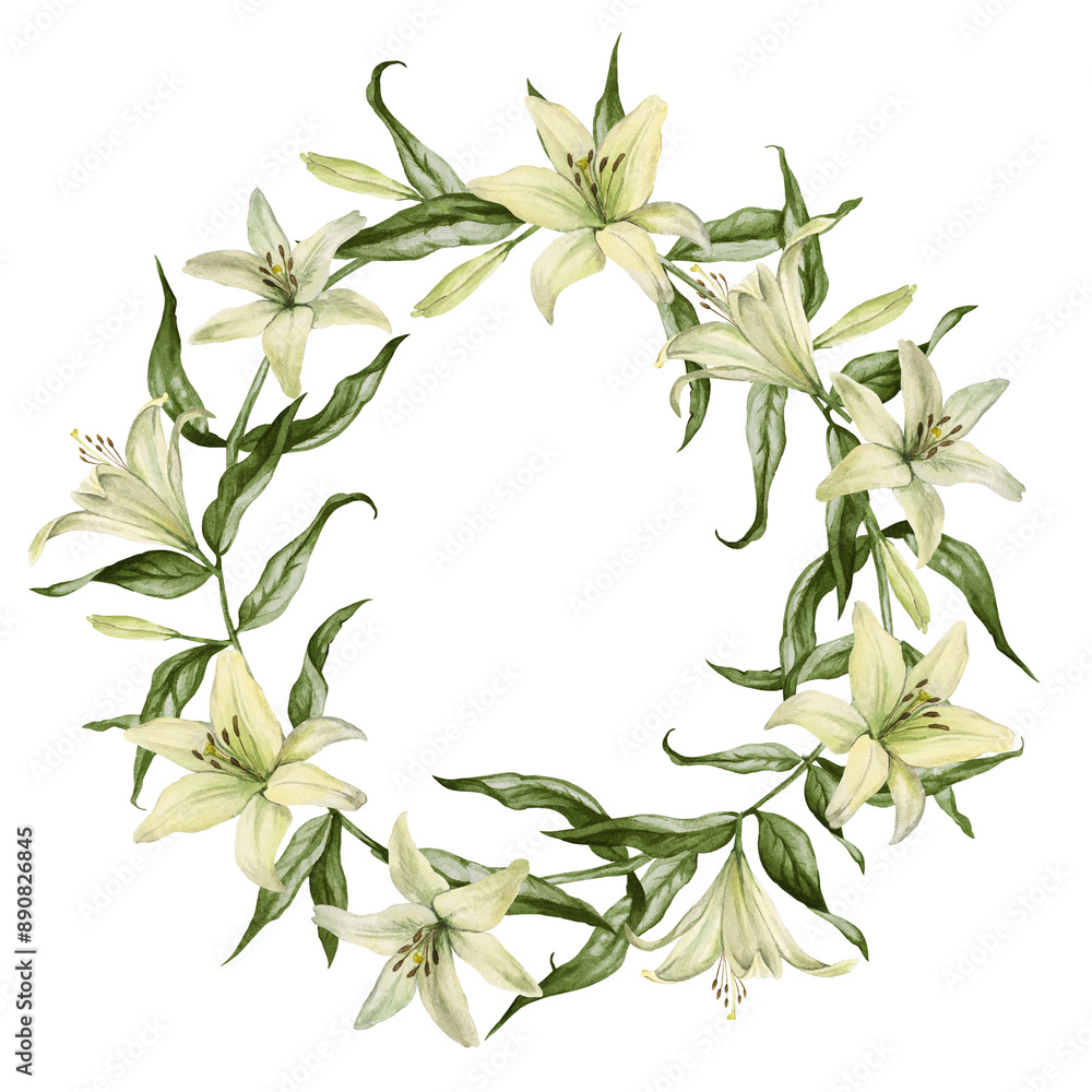 Naklejka premium Wreath of flowers white lily and leaves . Circle frame with watercolor hand drawn, template for prints, greeting cards, wedding invitation and decor.