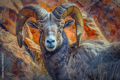 Desert Sheep Ram. Jampacked Wildlife in Mountainous Desert Landscape photo