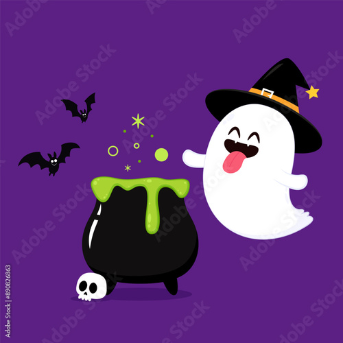 Cute ghost floating with Halloween pumpkin basket for Trick or Treat. Funny spooky boo character. Spook phantom with happy smiling face expression. Isolated kids flat vector illustration. photo