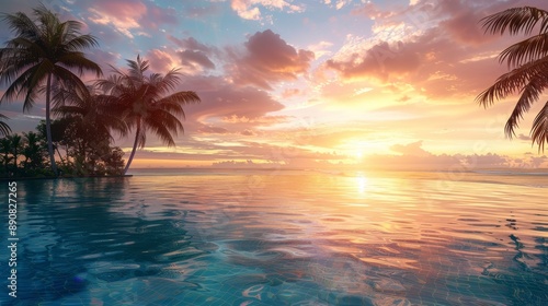 Serene and realistic tropical sunset swimming pool background for a relaxing ambiance