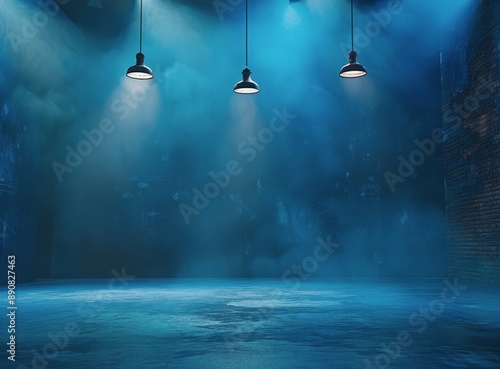 Three Hanging Lights Illuminating Empty Blue Room