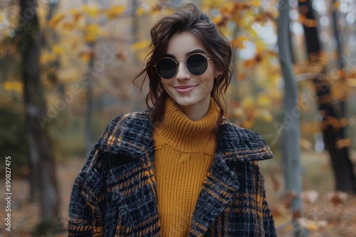 Smiling Woman In Sunglasses And Beanie In Autumn Park