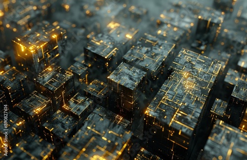 Abstract Cityscape With Illuminated Cubes and Glowing Lines
